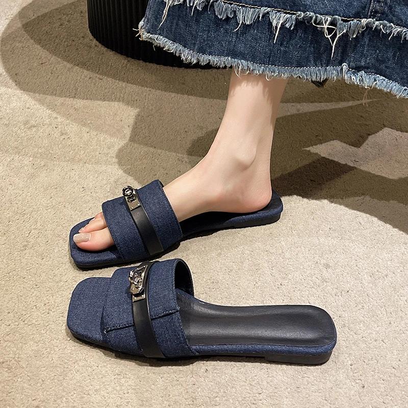 Women's Shoes  Fashion Peep Toe Women's Slipper  Metal Decoration Daily Slippers Women New Plus Size Flat Slippers