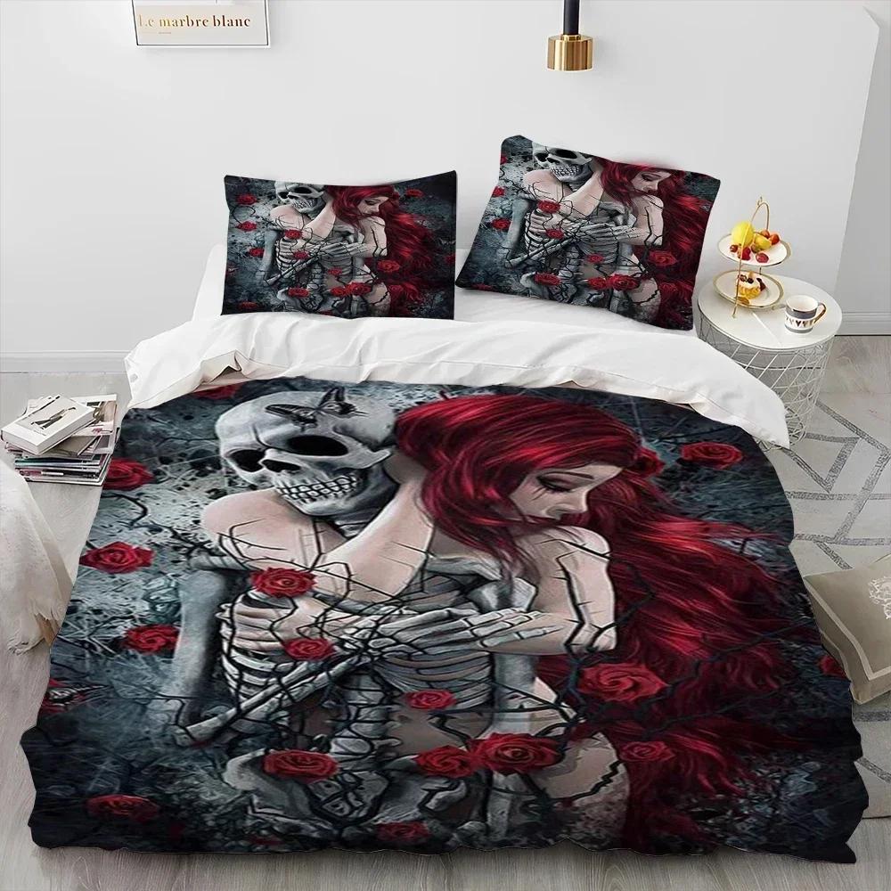 3D Print Horror Gothic Female Skull Dead Girl Comfortable Duvet Quilt Cover Pillowcase Bedding Set Children Bedroom Home Textile