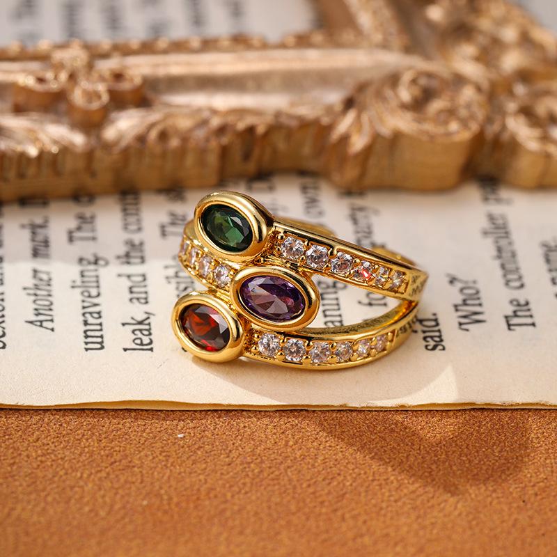 Copper-Plated Gold-Tone Zircon Gem Vintage Adjustable Women's Ring