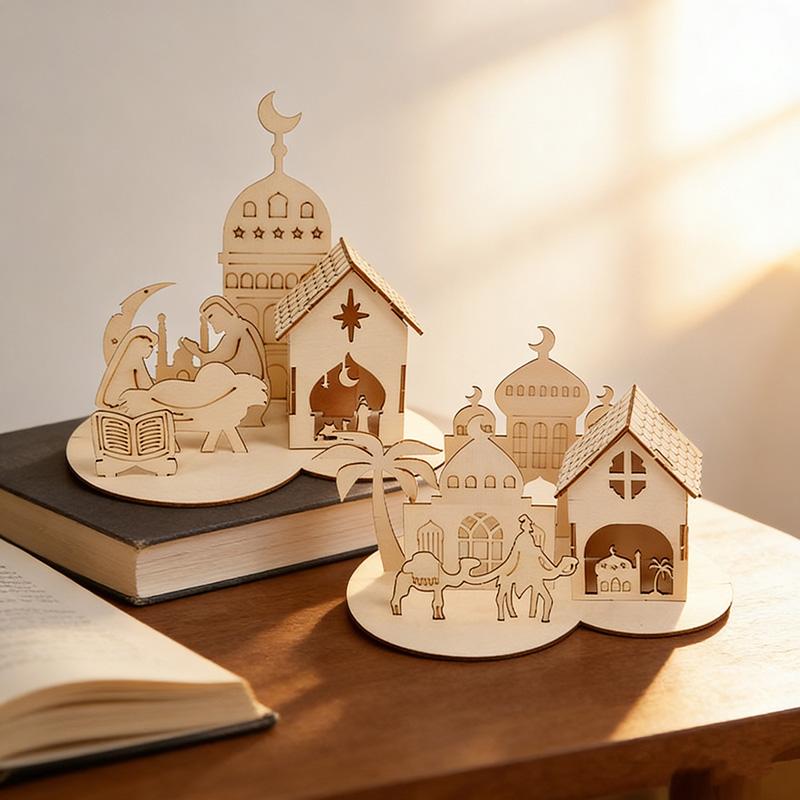 1set Islamic Castle Table Ornaments Eid Mubarak Wooden DIY Puzzle for Home Decoration 2026 Ramadan Muslim Party Supplies Gifts