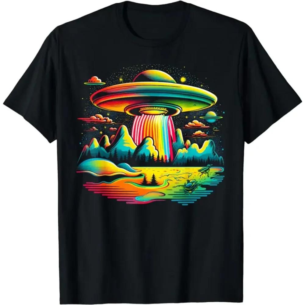 UFO Alien Retro Bright Mountain Lake Camping Visitor T-Shirt Women Men Clothing Tee Ropa Mujer Vintage Clothes Men T Shirt