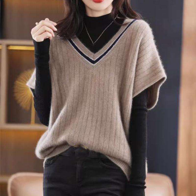 

Женский вязаный жилет с коротким рукавом Весна Осень Контрастный V-образный вырез Пуловеры Джемпер Свободный Повседневный Женский Жилет Свитер XXS