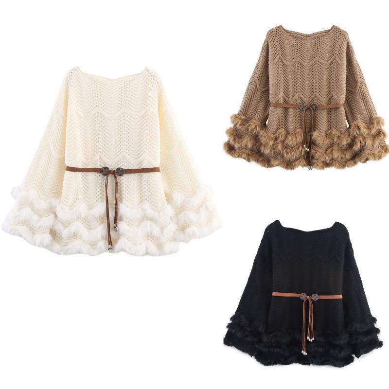 NSSF Handmade Crochet Wave Hem Tie-Waist Furry Women's Pullover Sweater