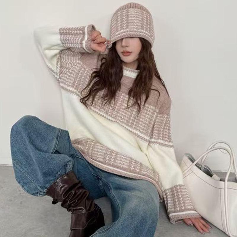 Korean Style High-End Color Block Jacquard Pullover Sweater with Hat for Women – Autumn/Winter Loose Knitwear