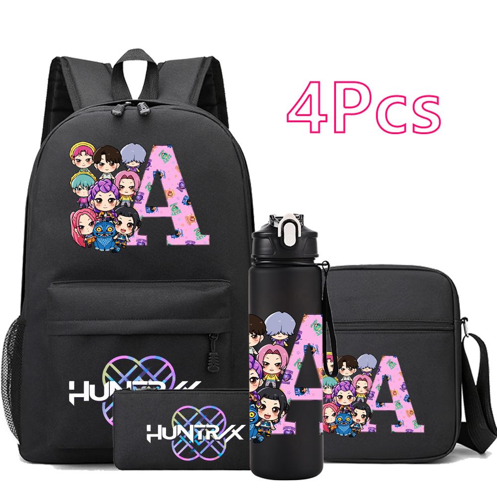 4 st/set 26 engelska bokstäver Kpop-tryckt ryggsäck Stor kapacitet Bokväska Axelväska Fodralväska med 750 ml vattenflaska Pojke Flicka Skolväska Barnpresent