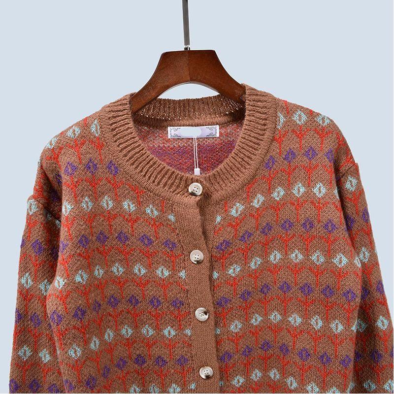 Autumn Crew Neck New Arrival Jacquard Retro Women's Single-Breasted Knitting Sweater Cardigan Coat Women's Short Loose