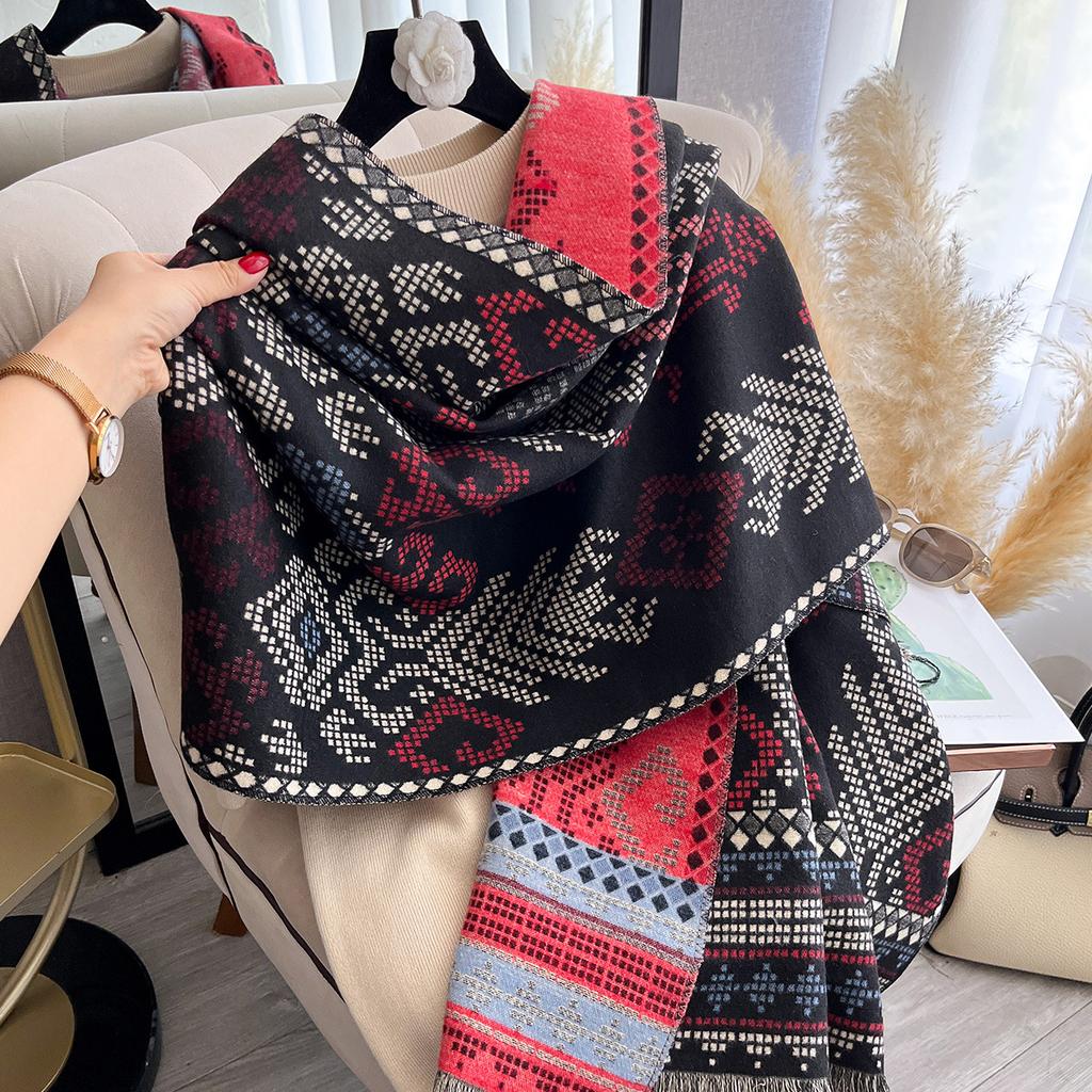 Scarf Shawl Women'S Winter Imitation Cashmere Warm Embroidery Shawl Middle-Aged Ethnic Style Cape Scarf Wonderful Outside