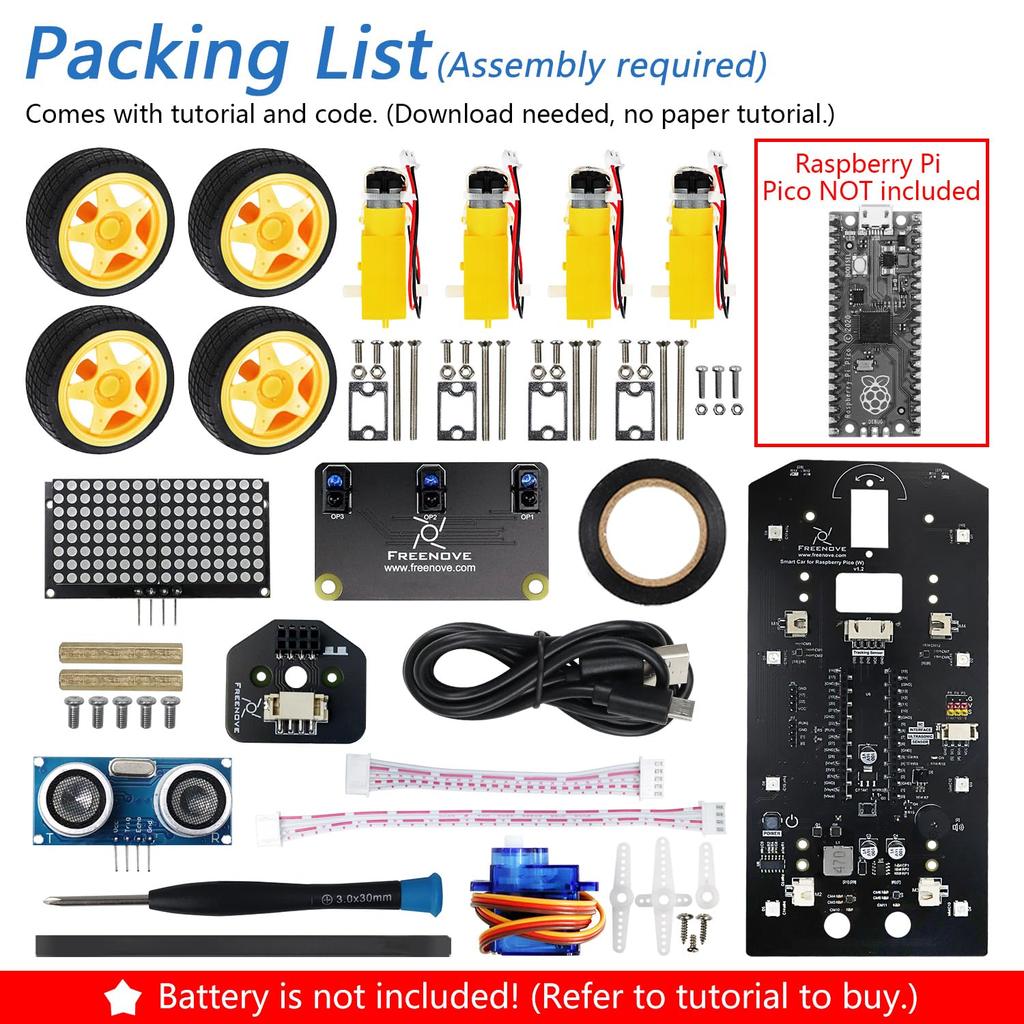 Freenove 4WD Car Kit for Raspberry Pi Pico with Arduino Dot Matrix Obstacle Line Light Colorful App (Sold Separately) (Compatible IDE), Display,