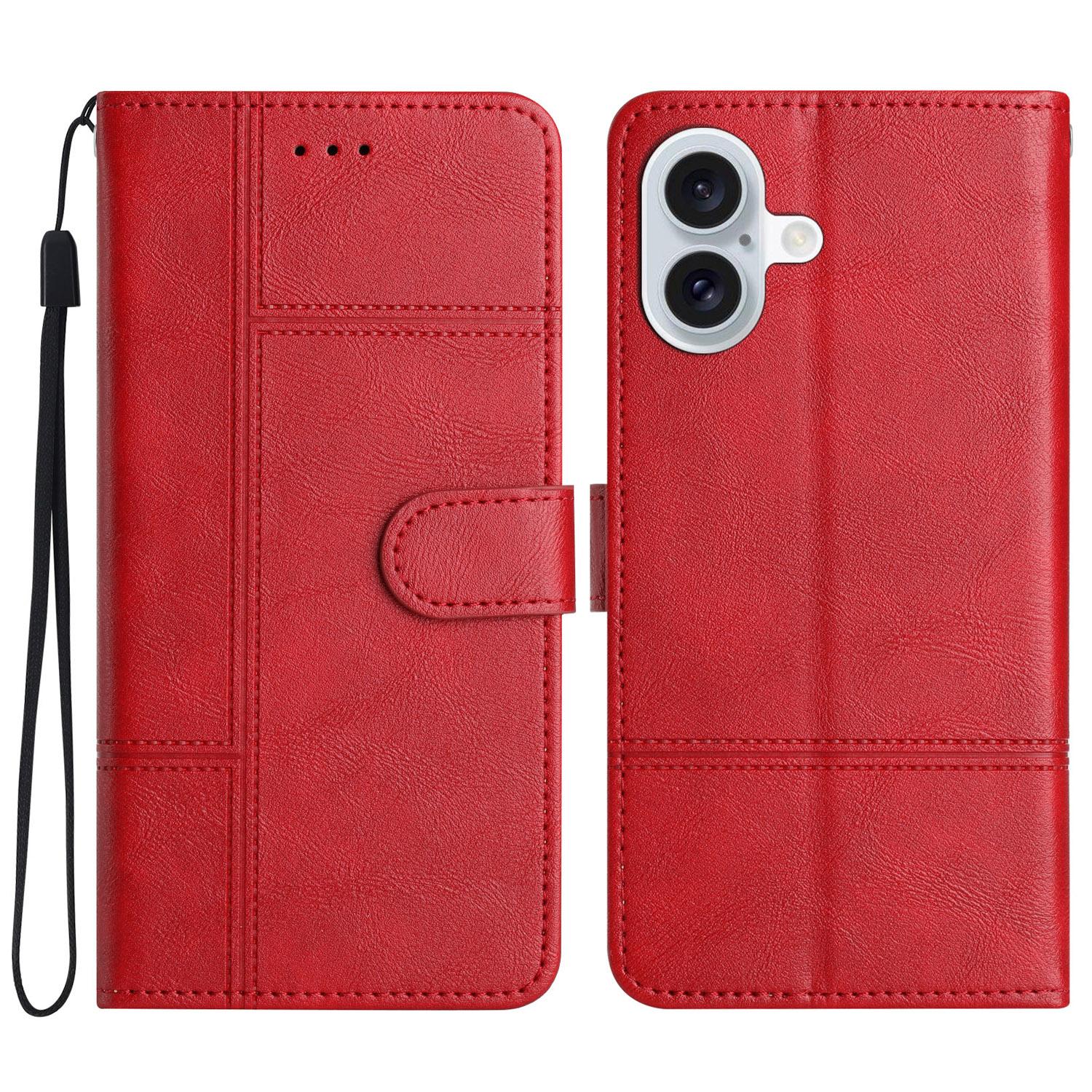 

For iPhone 16 Case PU Leather Phone Cover Card Slots Wrist Strap Line Pattern Red