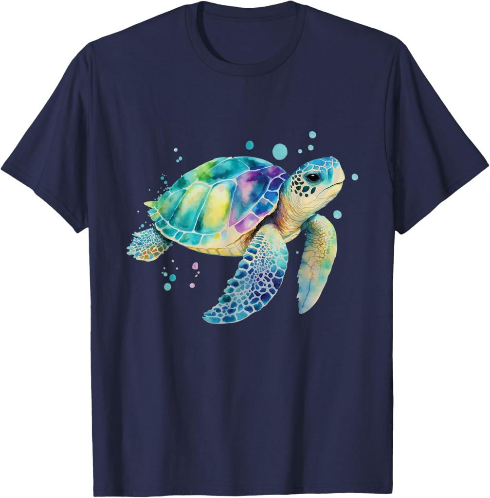 Watercolor Sea Turtle Graphic Tee Breathable Cotton Casual T-Shirt for Men Beach Trip