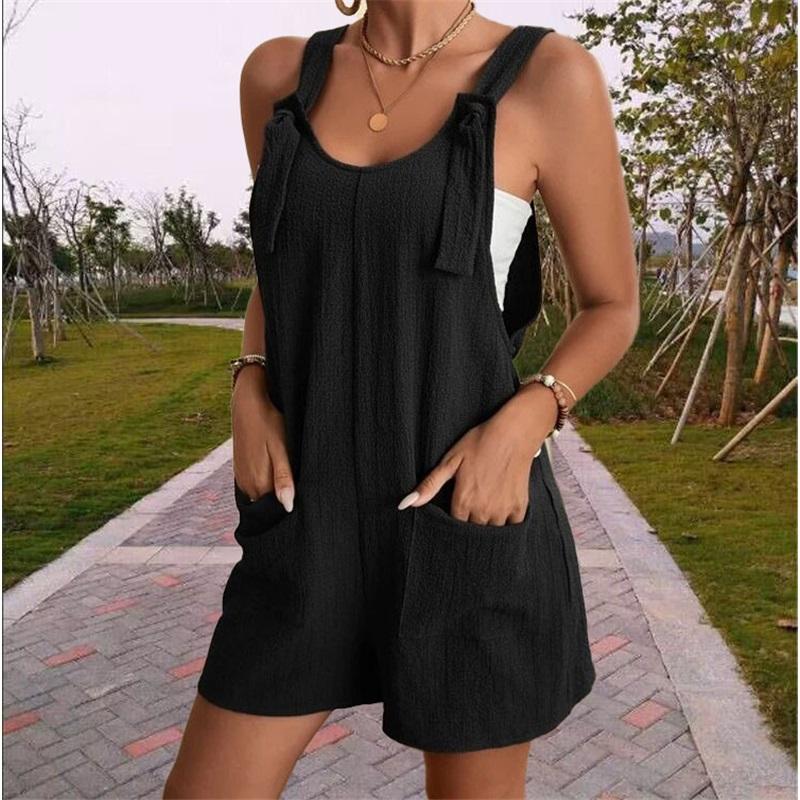 European And American Women's Summer Casual Solid Color Suspender Shorts One-piece Pants Adjustable Large Size Overalls Cool And Comfortable