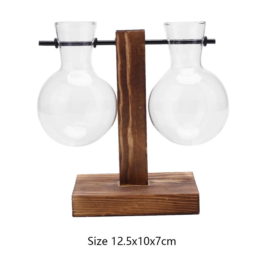 Plant Terrarium with Wooden Stand Hydroponic Planter Bulb Glass Bonsai Flower Pot Propagation Station for Indoor Home Decor