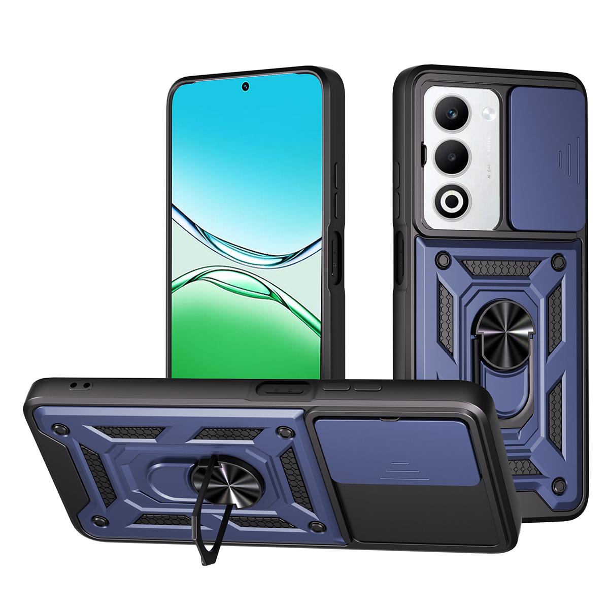 

For Oppo A5 5G Case with Slide Camera Lid PC+TPU Kickstand Phone Cover Blue