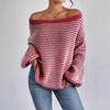 Color Block One-shoulder Striped Lantern Sleeve Sweater - Women's Versatile Loose Knitted Top, European & American Style.