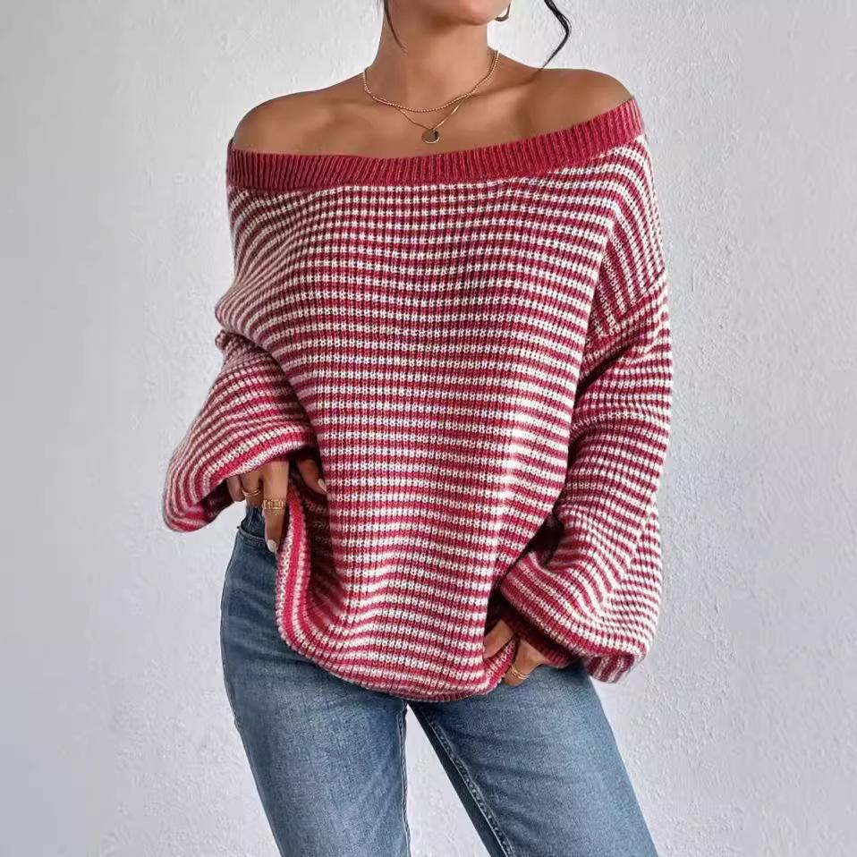 Color Block One-shoulder Striped Lantern Sleeve Sweater - Women's Versatile Loose Knitted Top, European & American Style.