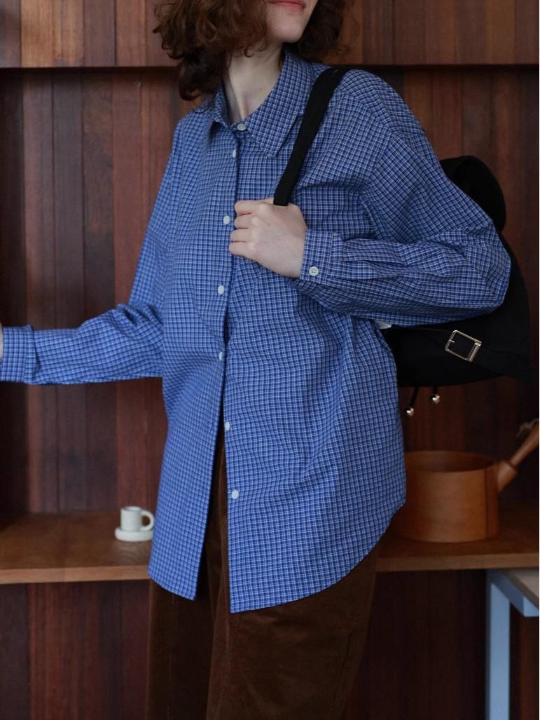 Miu Style Classic French Retro Blue Plaid Long-Sleeve Shirt for Spring and Autumn Small