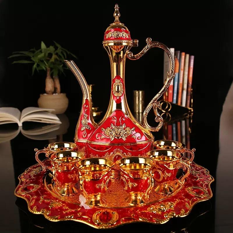 Exquisite Vintage Wine Glass, Alloy Home Wine Pot Wine Glass Set, European Wine Set, Wine Pot Home Living Room Decoration, 1Set