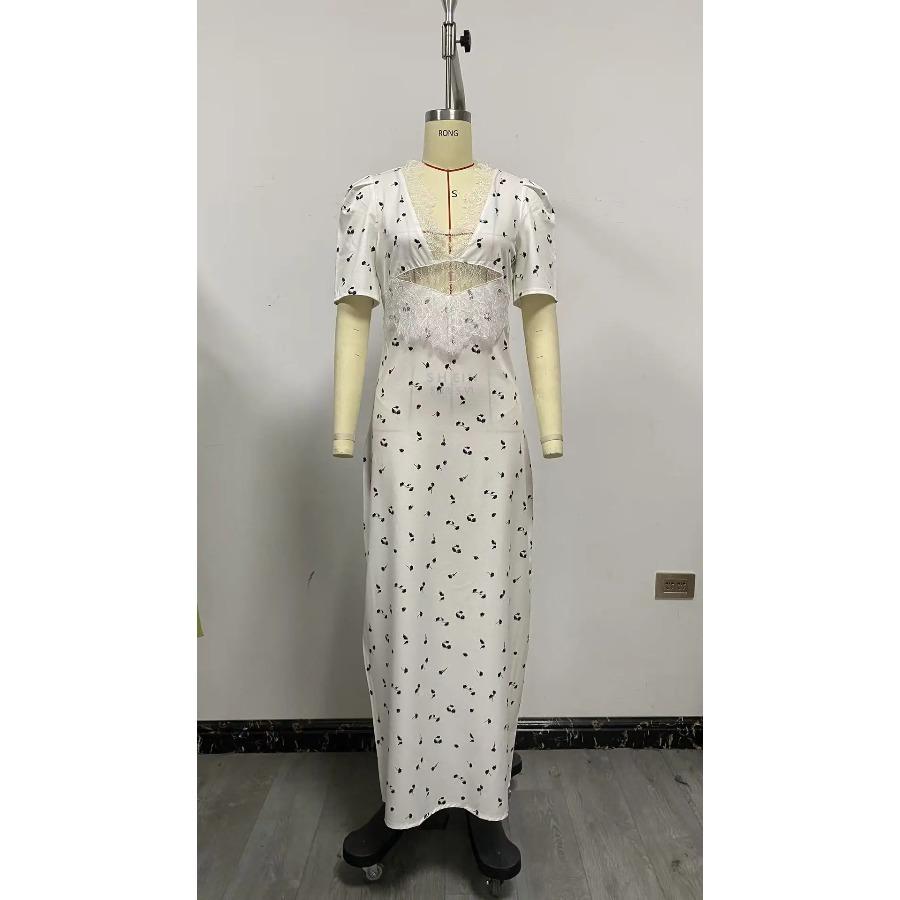 Polka Dot Backless Sexy Maxi Dress Women Gown Elegant Patchwork Lace Hollow Out Deep V Neck Sleeveless Bodycon Club Party Dress