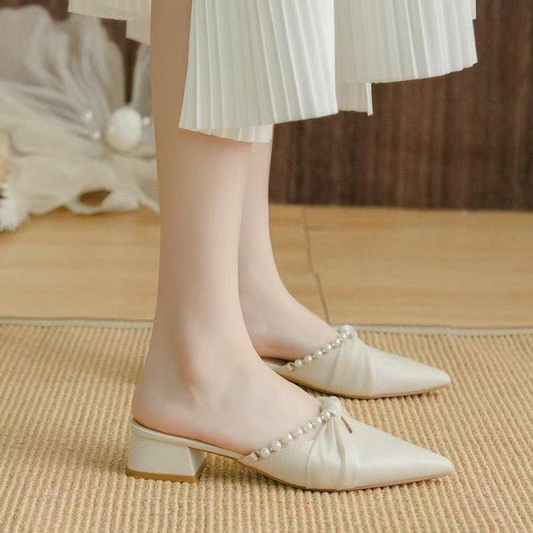French Thick Heel Bag Head Half Tray Shoes Women's 2025 Spring and Summer New Small Fragrant Pointed Head with Skirt Gentle Half Slippers