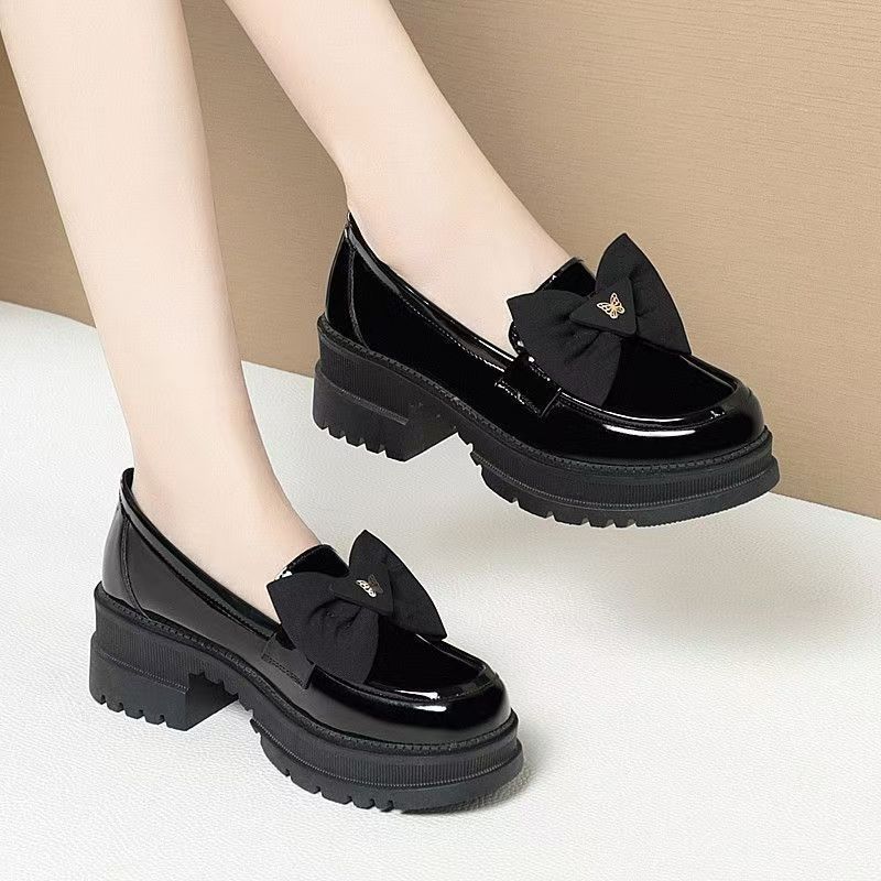 Women's Shoes 2025 Spring New Single Shoes Bow Thick-soled Small Leather Shoes Soft-soled Mother Shoes Are Not Tired of Feet Patent Leather Loafers