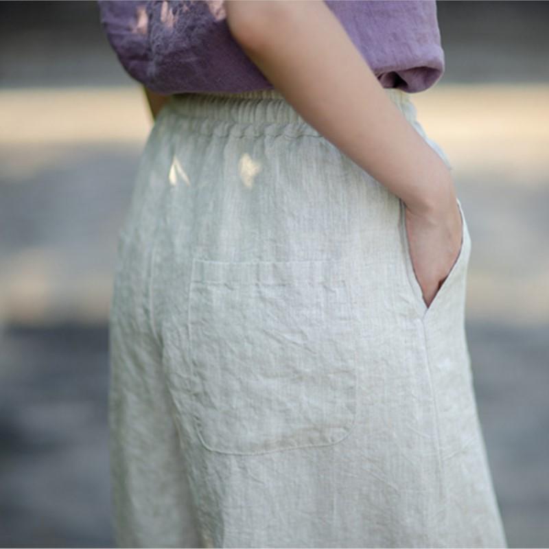 Johnature Women Vintage Pants Summer Chinese Style Solid Color Elastic Waist Trousers Loose Pockets Wide Leg Pants