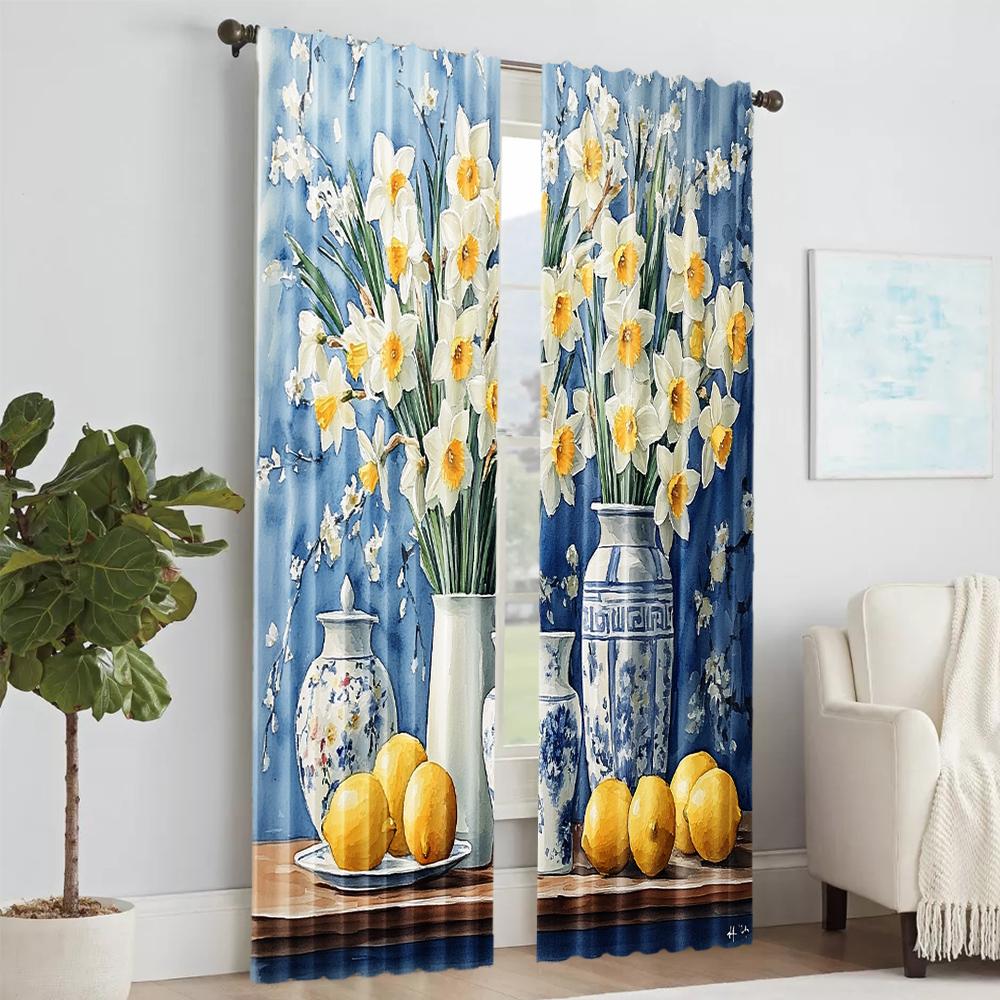 2 Pcs   Versatile Polyester Transparent Curtains for Home Decoration Lemon Still Life with Elegant Vases for Use In Bedrooms and
