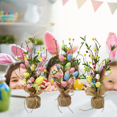 Easter Egg Linen Tree Colorful Easter Eggs Ornaments Spring Party Tabletop Easter Decorations Green Plants