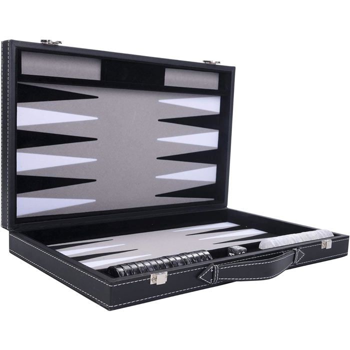 Luxury Backgammon 18" 45.5 Cm - High Quality - Faux Leather, Special Inlaid Felt, Pearly Chips and Dice (Black/White/Grey)