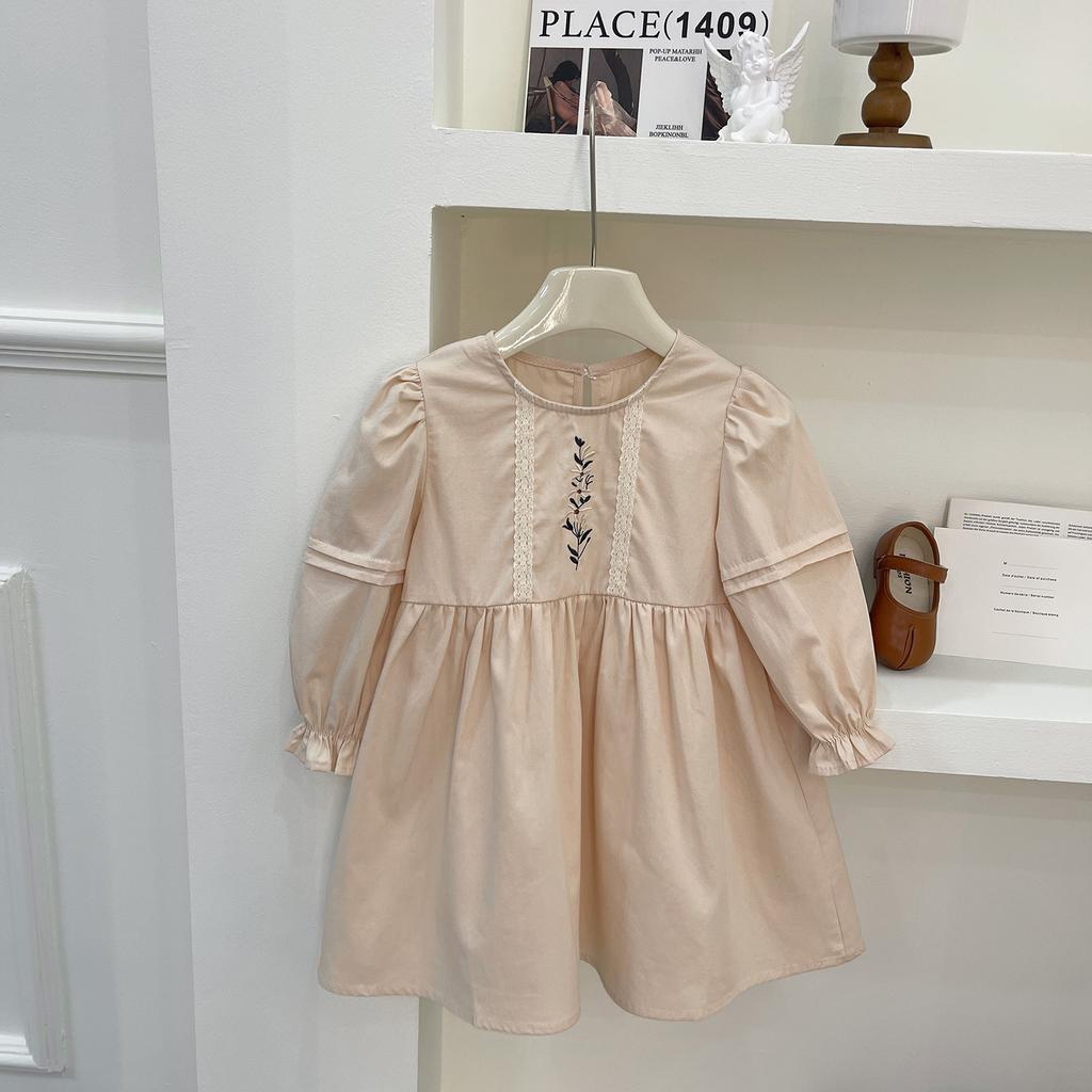 Girls Spring Autumn Long Sleeve Embroidered Dress Soft Loose Solid Cotton Princess Dress For Kids