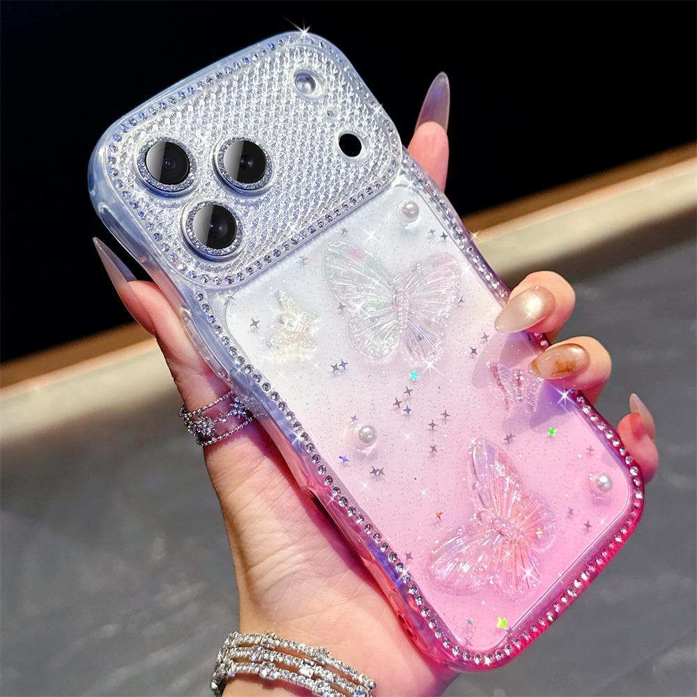 Glitter Rhinestone Shiny 3D Butterfly Case For iPhone 17 16 15 14 13Pro Max Plus Air Diamond Bling Sparkle Lens Film Clear Cover