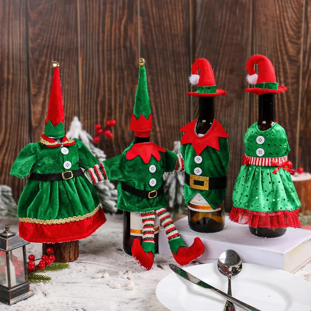 Weihnachtselfen Kostüm Weinflasche Set Dekorative Ornamente Weihnachten Niedlich Rotwein Set Tischatmosphäre Dekoration Requisiten