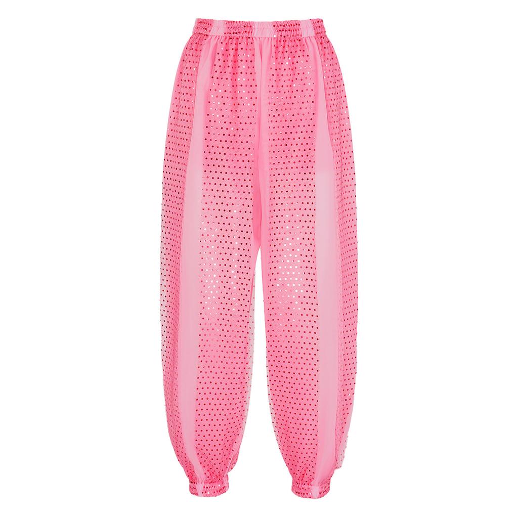 Womens Semi Sheer Chiffon Pants Sequined Dot Design Elastic Waist Belly Dance Performance Trousers