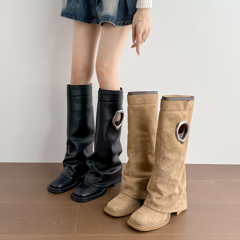 

New niche design Martin boots retro square head western cowboy boots versatile thick heel trouser tube boots fat mm long boots 39 хакі