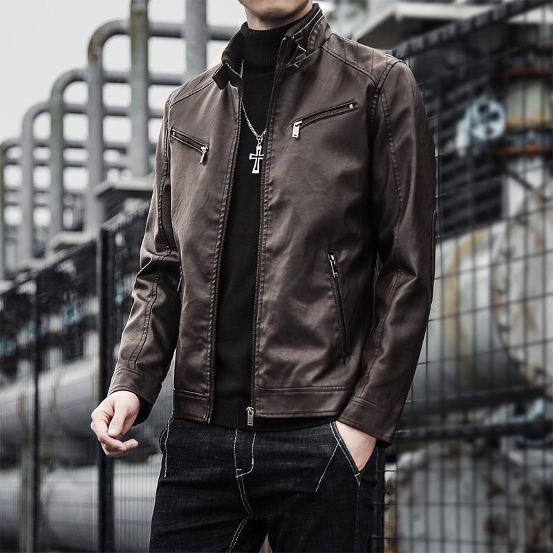 Veste en cuir pour homme veste en cuir pour homme tendance jeunesse col montant punk veste en cuir de moto pour homme