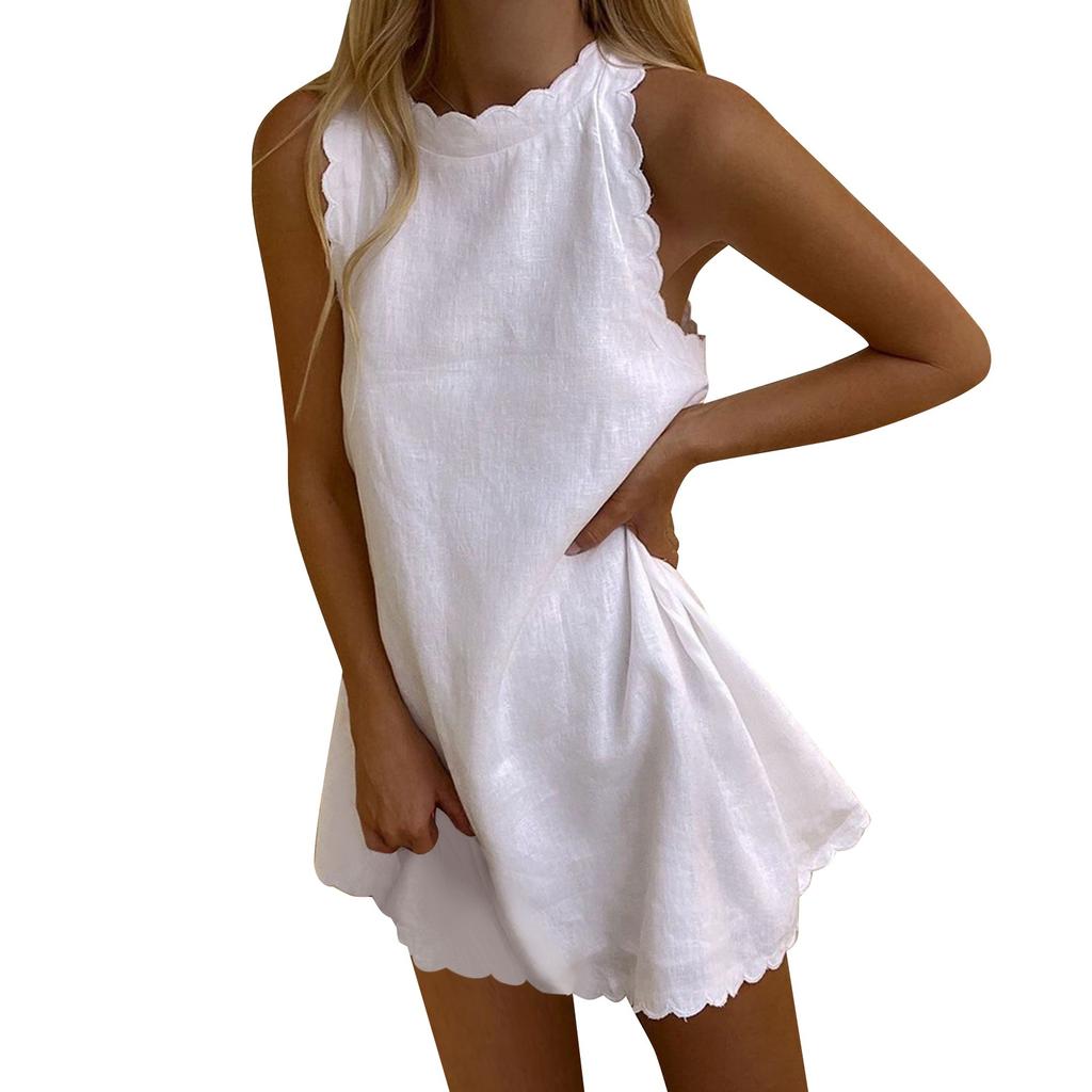 Women's Spring/Summer Solid Scalloped Trim Sleeveless Casual Dress