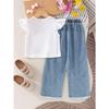 Girls' Fashion Set - Summer Children's Casual Bow Embroidered Denim Pants Set