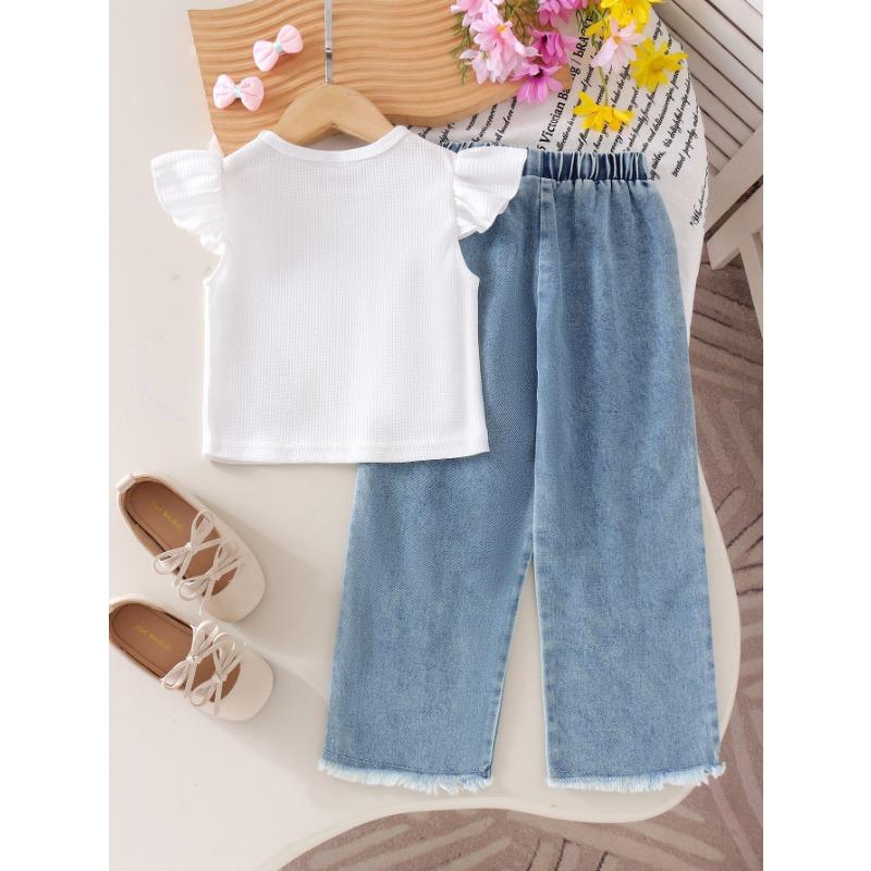 Girls' Fashion Set - Summer Children's Casual Bow Embroidered Denim Pants Set