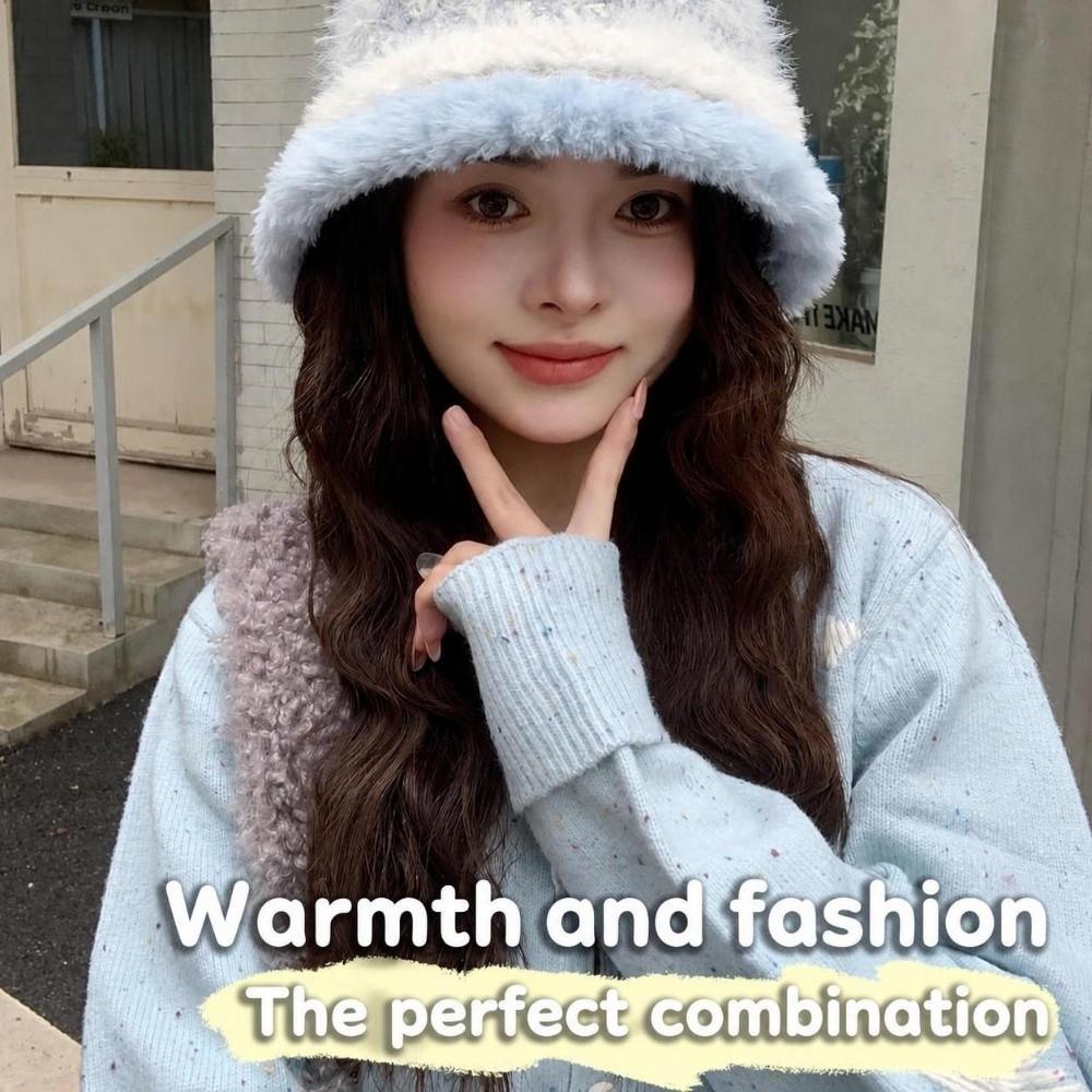 Polyester Fuzzy Fleece Bucket Hat 55cm To 59cm Head Circumference Cold Proof Basin Hat For Women