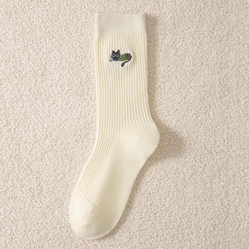 Dámské bavlněné ponožky střední délky v japonském stylu s dvojitou jehlou - Podzim/Zima, Svislý pruh s kreslenou výšivkou