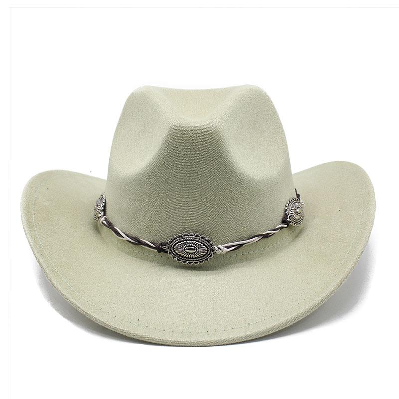Semišový Upturned Edge Western Cowboy Klobouk Muži a ženy Outdoorový cestovní klobouk Rolled Brim Etnický styl Cylindr Plstěný klobouk
