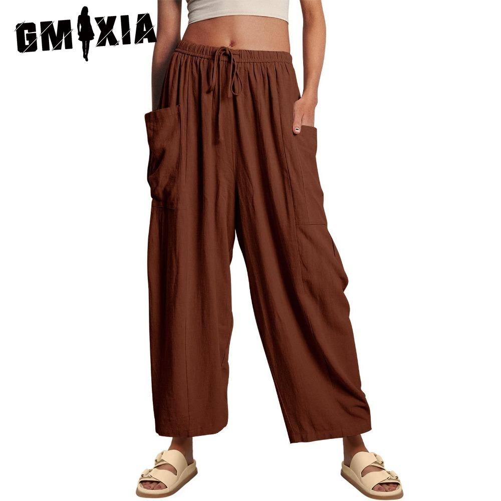 GMXIA Modne damskie spodnie i spodnie capri z wysokim stanem, na co dzień w jednolitym kolorze