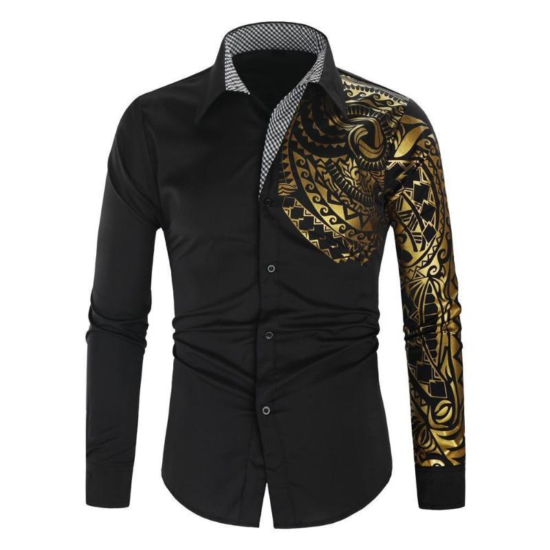 Men's Slim Fit Lapel Shirt with Hot Stamping Print, European Size, Long-Sleeve, 2026 Fashion Trend.