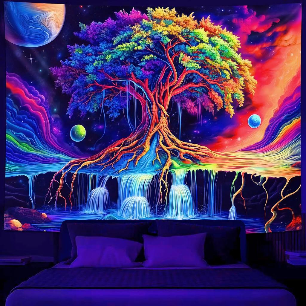 Simpkeely Tree of Life Blacklight Tapestry UV Reactive Colorful Waterfall Tapestry Galaxy Space Starry Sky Wall Tapestries Hanging for Bedroom -