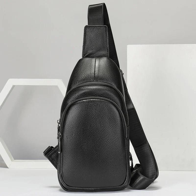 Real leather men's crossbody shoulder bag, fashionable, versatile, casual, portable, breathable, multi pocket chest bag