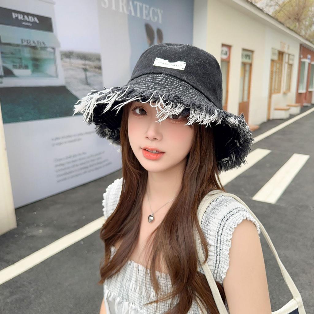 Spring retro rough edge iron standard denim bucket hat women's face small visor solid color sunscreen basin hat