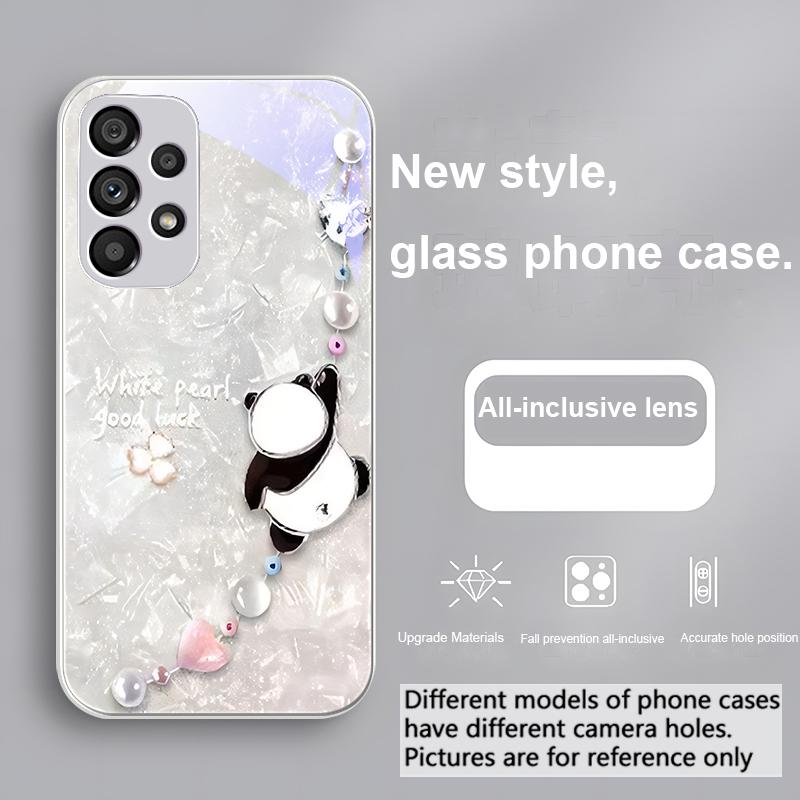 Beaded Panda Silver For Samsung Galaxy S23 U Ltra 24 Plus S20 21 FE S25 Ultra A70 A72 73 51 52 53 Tempered Glass Phone Case