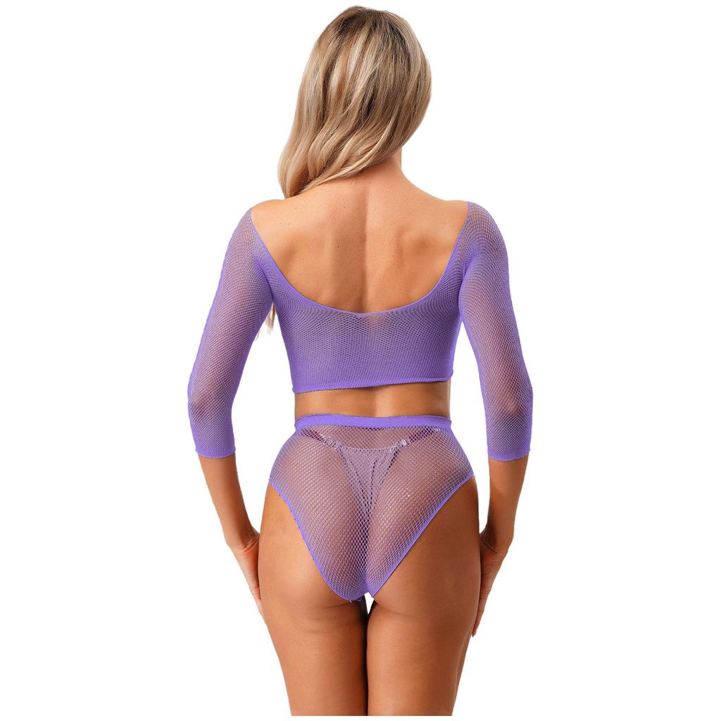 Sexy Women Lingerie Fishnet Top Briefs Set See Through Bikini Cover Couples Role Play Costume Tempting Outfit