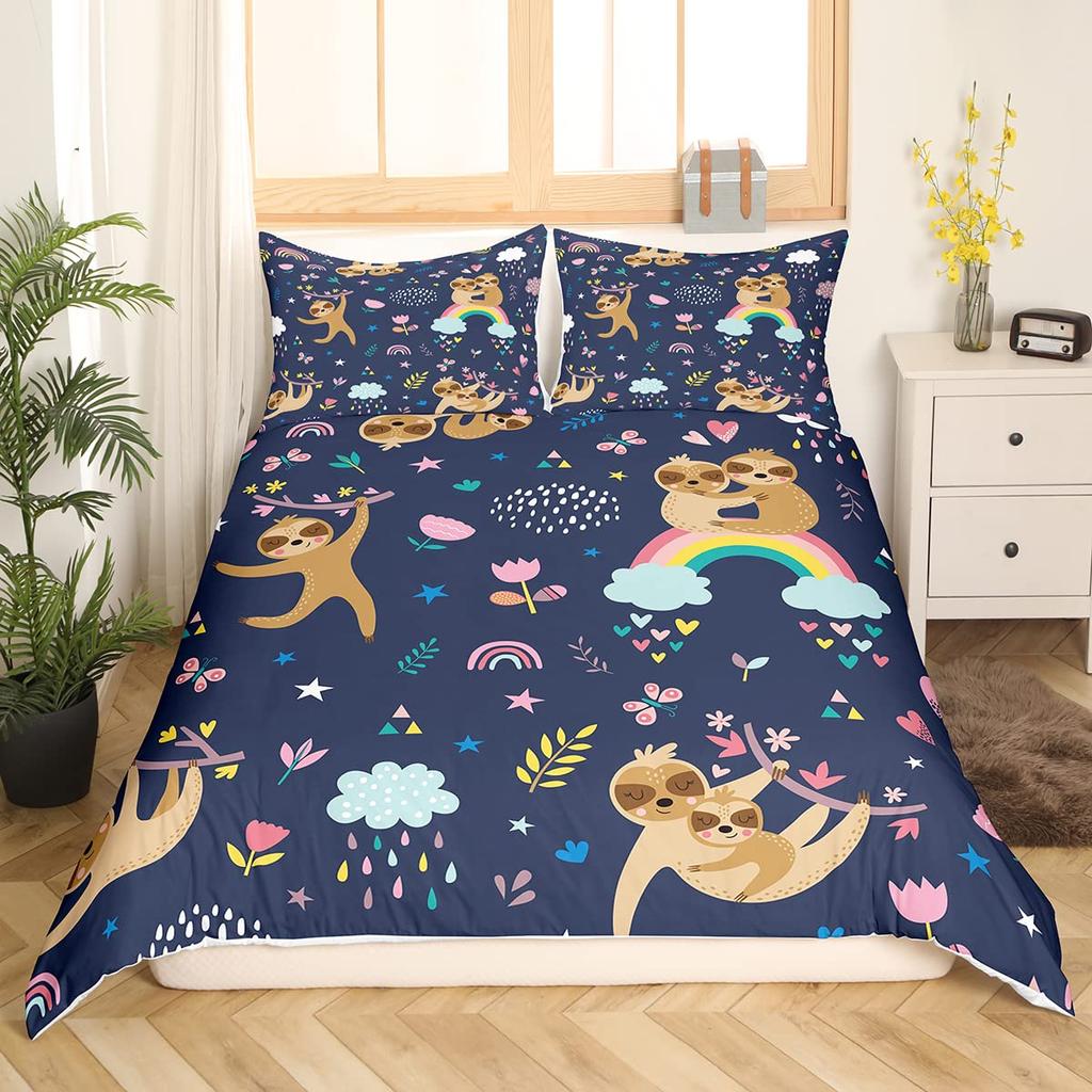 Süßes Faultier Bettwäsche Set Cartoon Faultier Bettwäsche Set für Kinder Jungen Mädchen Botanisch Floral Rosa Queen King Bettbezug Sets