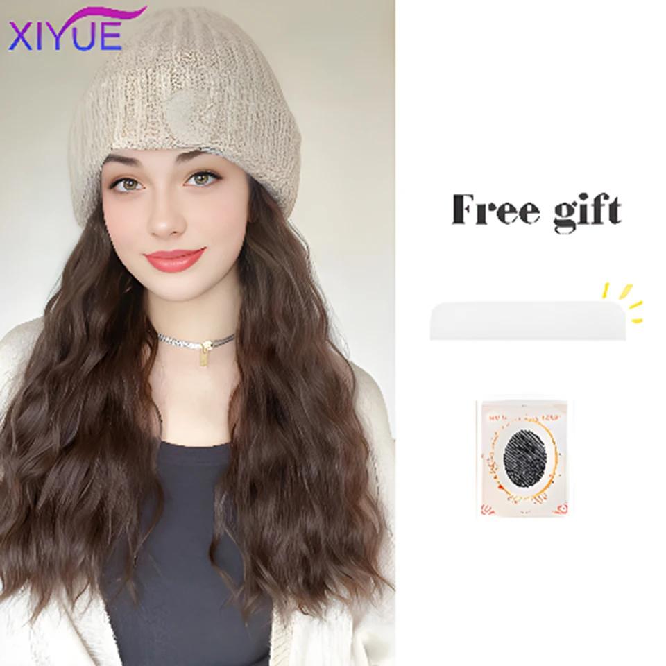 Synthetic Knitted Hat Wig For Women Long Wavy 16inch Black-brown Hair Warm Soft Knitted Autumn Winter Cap Heat Resistant Wig