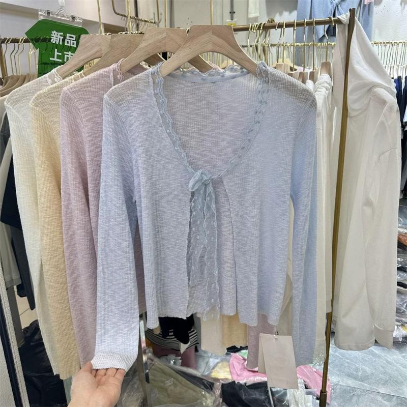 Women's Clothing, Summer New Sweet and Lazy Lace Straps Knitted Cardigan Women's Short Long-sleeved Top